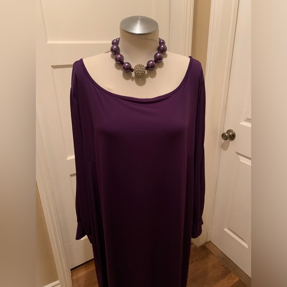 Ashley Stewart NWT purple poly spandex boatneck midi dress size 34/36 - Picture 3 of 4